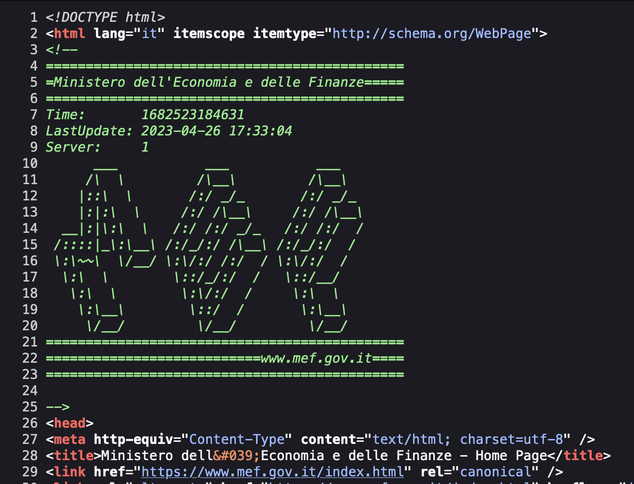 ASCII art nel sorgente della homepage MEF.