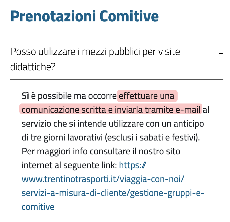 Posso utilizzare i mezzi pubblici per visite didattiche? Sì è possibile ma occorre effettuare una comunicazione scritta e inviarla tramite e-mail al  servizio che si intende utilizzare con un anticipo di tre giorni lavorativi (esclusi i sabati e festivi).