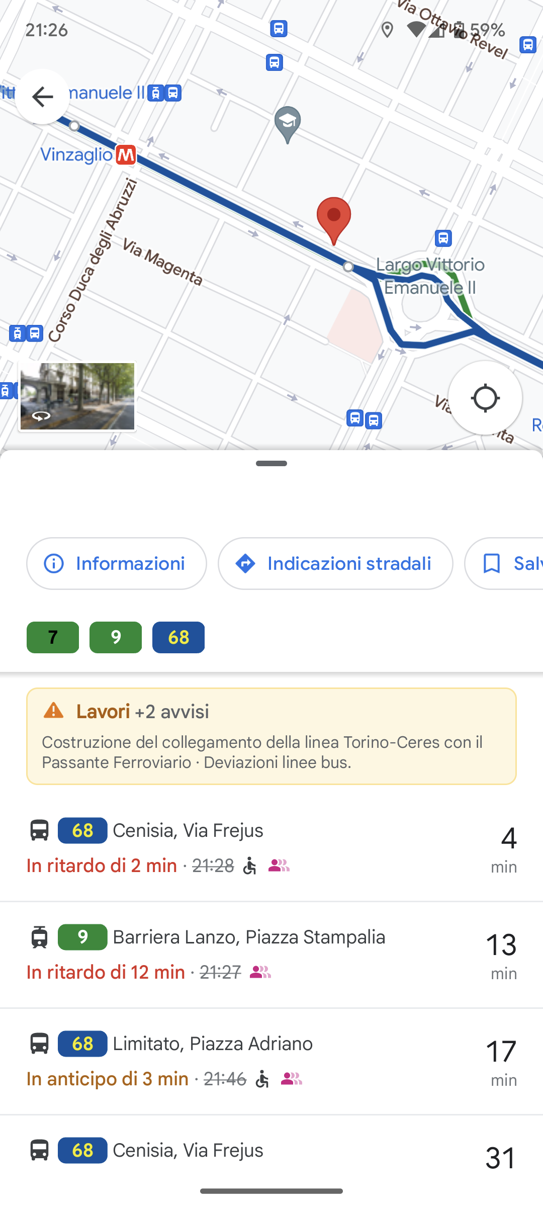 Screenshot di Google Maps che mostra i dati in tempo reale per la città di Torino.